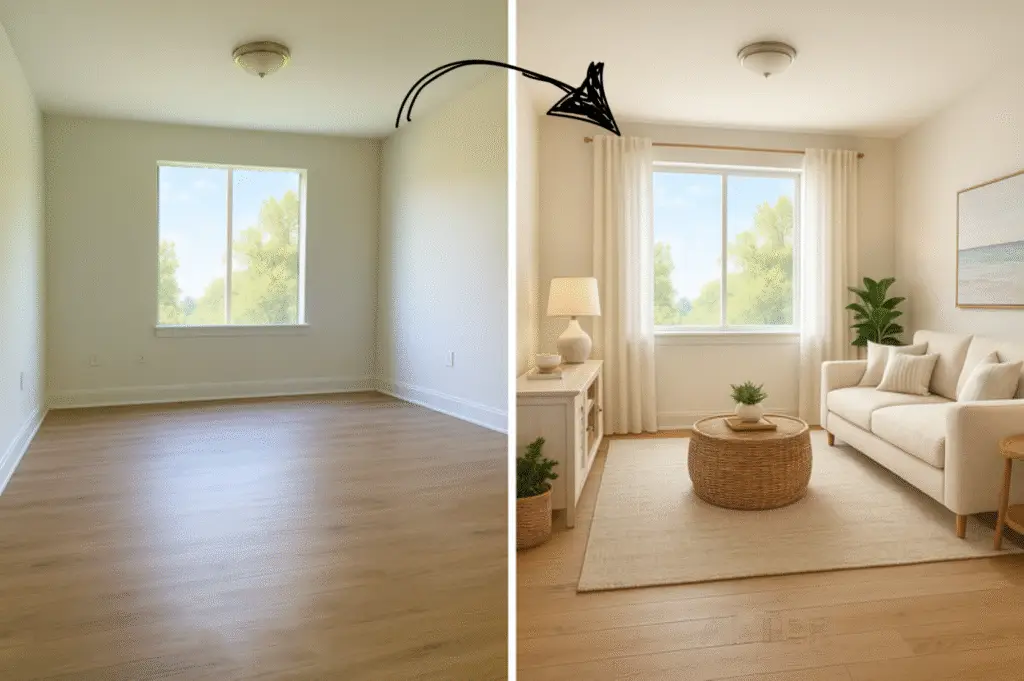 Before and after living room virtual staging with modern furniture